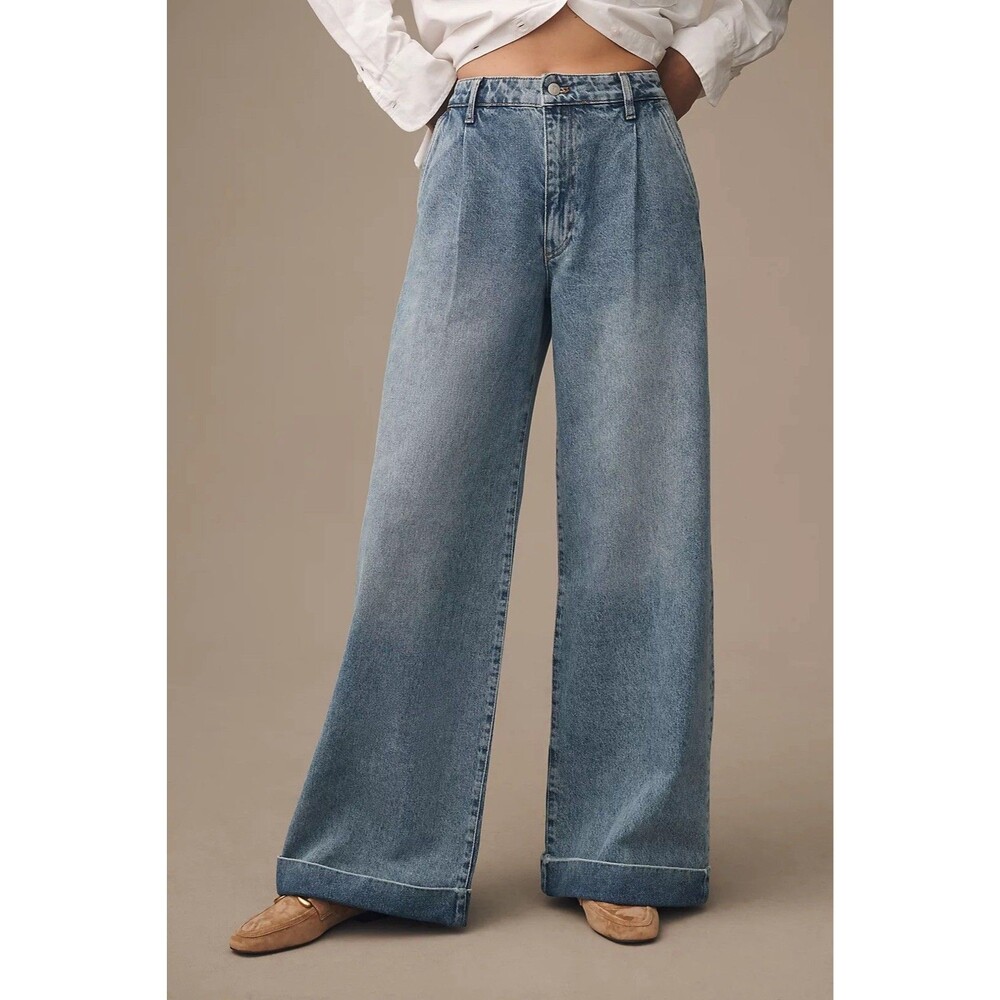 Anthropologie Pilcro High Rise Pleated Wide Leg Cuff Trouser Jeans Blue Size 31 - Picture 12 of 12